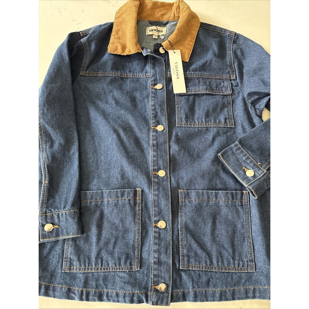 Vigoss Denim Barn Jacket Womens S Dark Wash Corduroy Collar Oversized Chore Jean